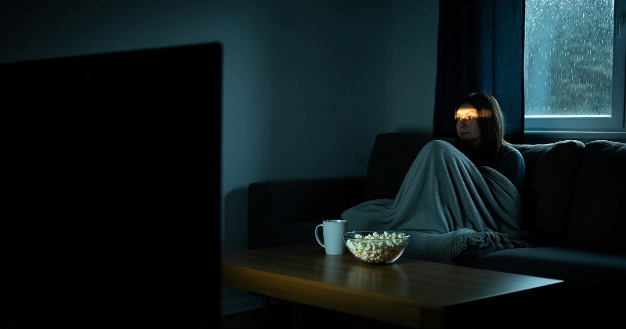 Katsoja sohvalla hämärässä olohuoneessa katsomassa kauhuelokuvaa HBO Maxista