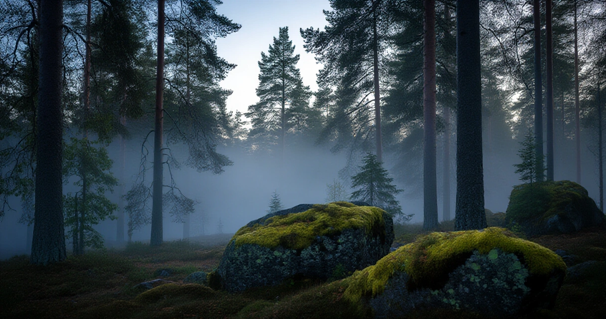 Suomalainen havumetsä iltahämärässä, sumu kiemurtelee puiden välissä