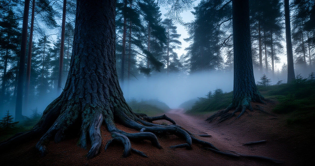 Synkkä suomalainen metsä hämärässä, sumua puiden välissä, kauhuatmosfeeri