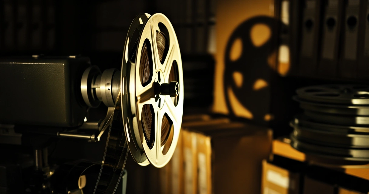 Vanha filmikela ja projektori pimeässä arkistossa varjoja heittäen