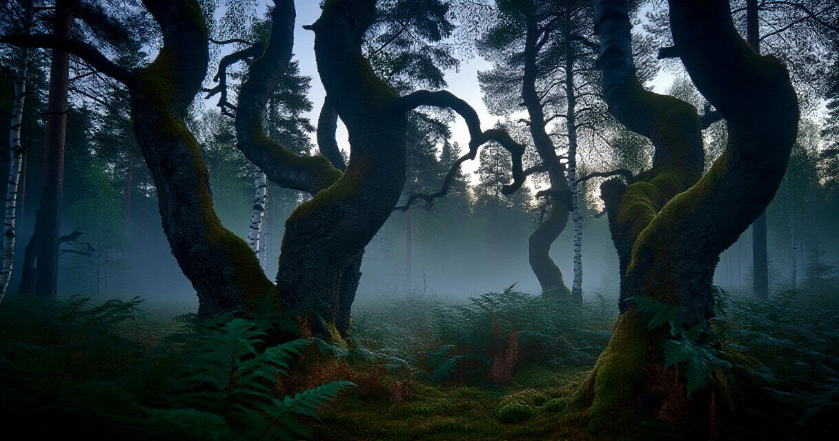 Synkkä suomalainen metsä hämärässä, juurakot ja sumu luovat uhkaavan tunnelman