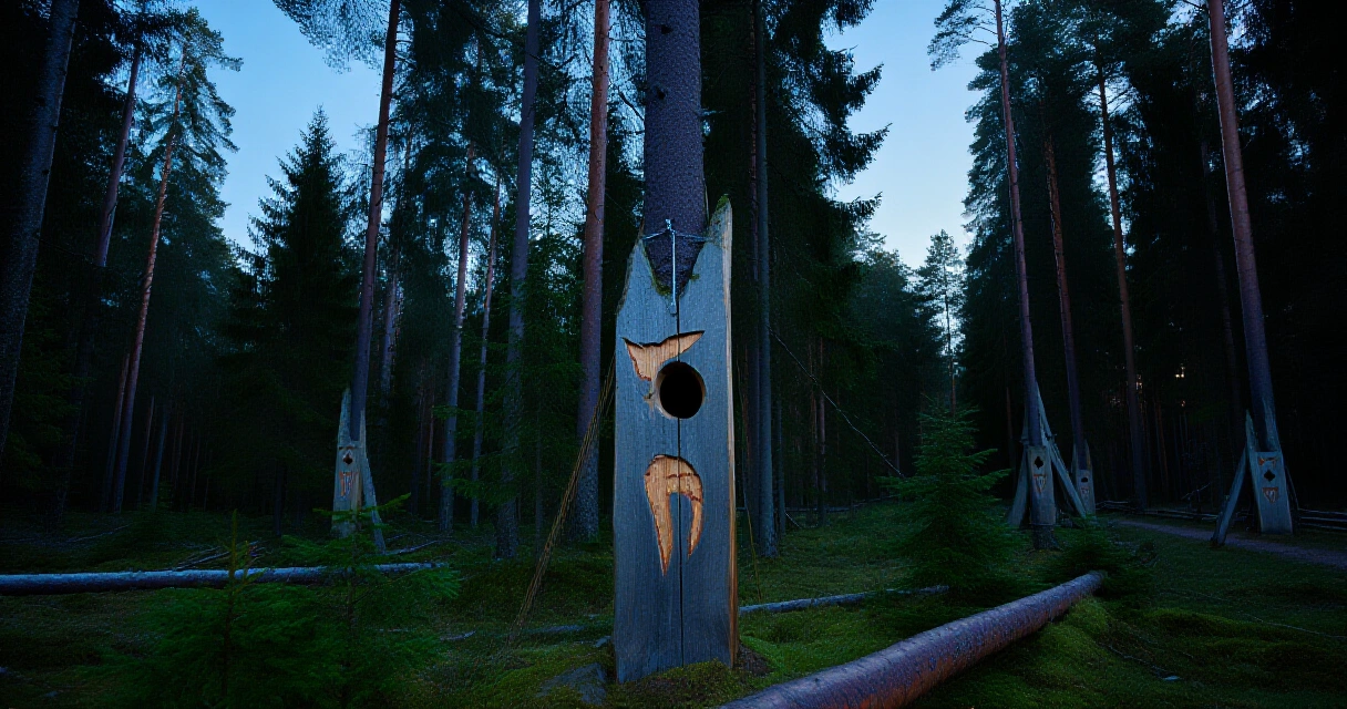 Pohjoinen havumetsä hämärässä, puisia kansanperinteen symboleja puissa