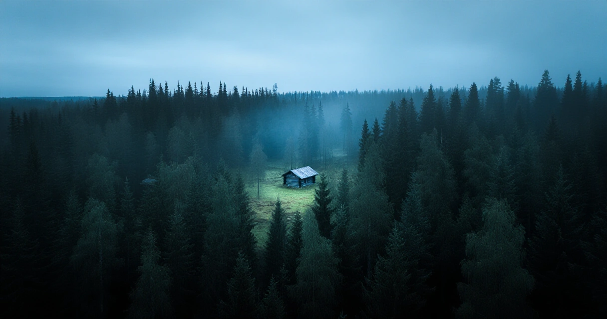 Sumuinen pohjoinen havumetsä ja yksinäinen mökki hämärässä, folk horror -tunnelma