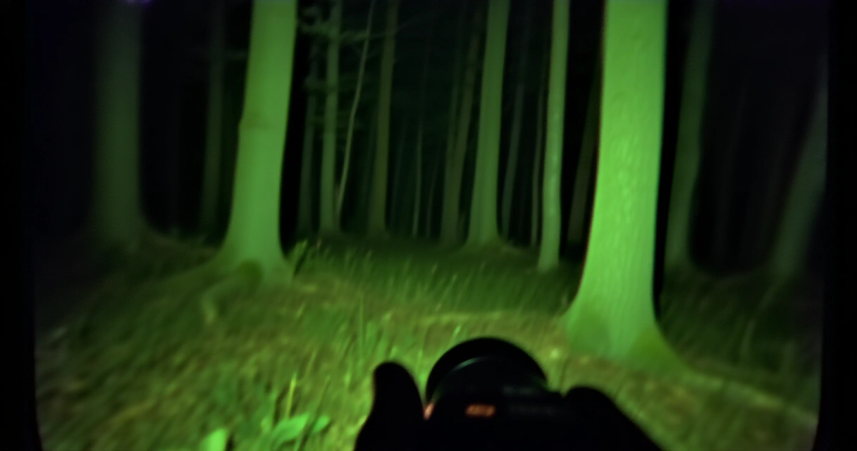Found footage -kauhuelokuvan tunnusomainen metsäkohtaus yönäkövihreässä sävyssä