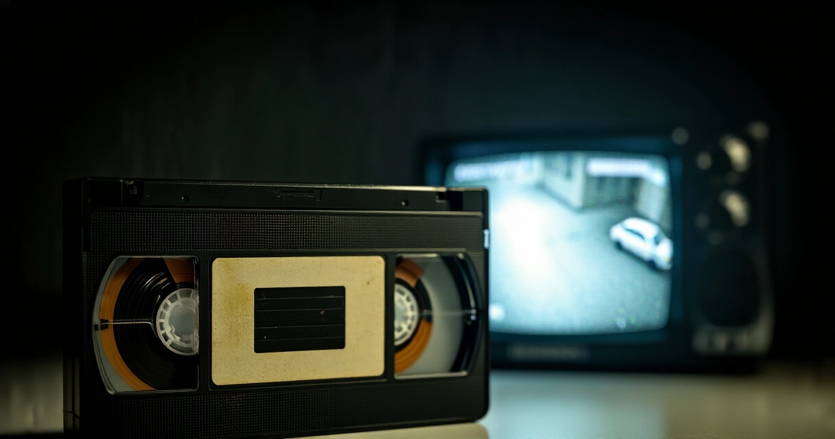 Vanha VHS-kasetti ja valvontakameramonitori pimeässä huoneessa, found footage -estetiikka